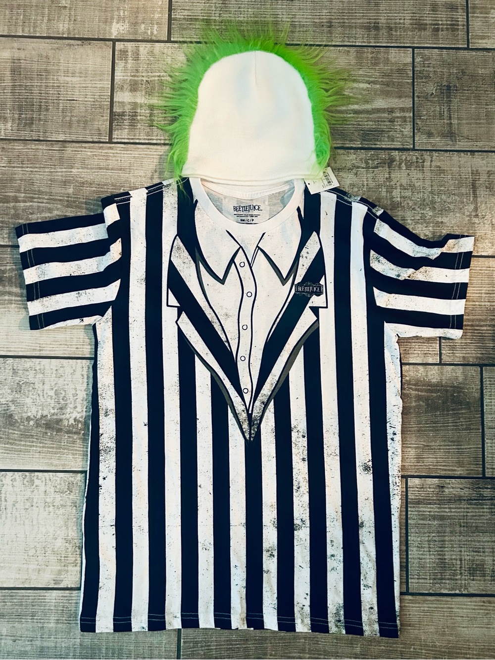 Beetlejuice Costume T-shirt & Beanie SM New
